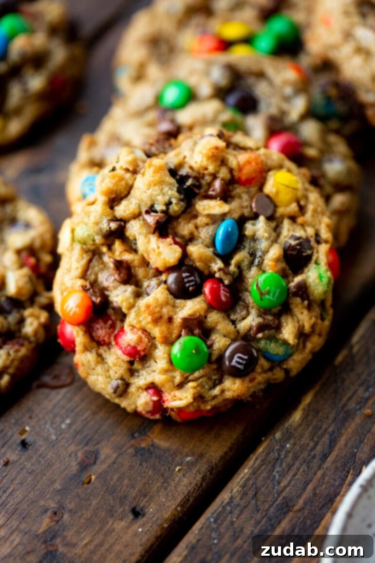 Ultimate Gluten-Free Monster Cookies 5 A photo of a large, perfectly baked gluten-free monster cookie surrounded by other cookies, highlighting their uniform size and golden edges.