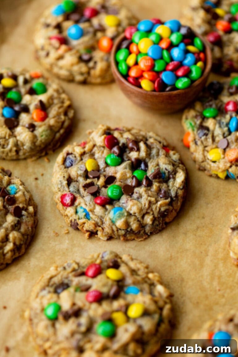 Ultimate Gluten-Free Monster Cookies 6 A photo of several freshly baked gluten-free monster cookies cooling on a baking sheet lined with brown parchment paper, ready to be enjoyed.