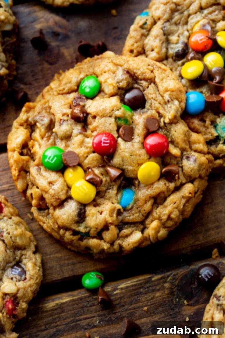 Ultimate Gluten-Free Monster Cookies 7 A closeup photo of a single large gluten-free monster cookie, perfectly baked and topped with colorful M&M's and mini chocolate chips.