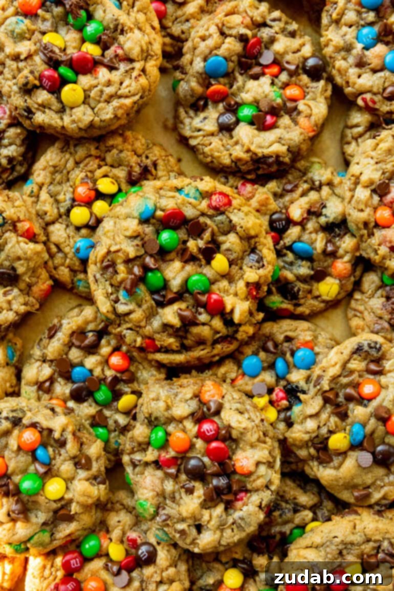 Ultimate Gluten-Free Monster Cookies 8 A delightful overhead photo of several baked thick and chewy gluten-free monster cookies, showing off their rich texture and generous mix-ins.