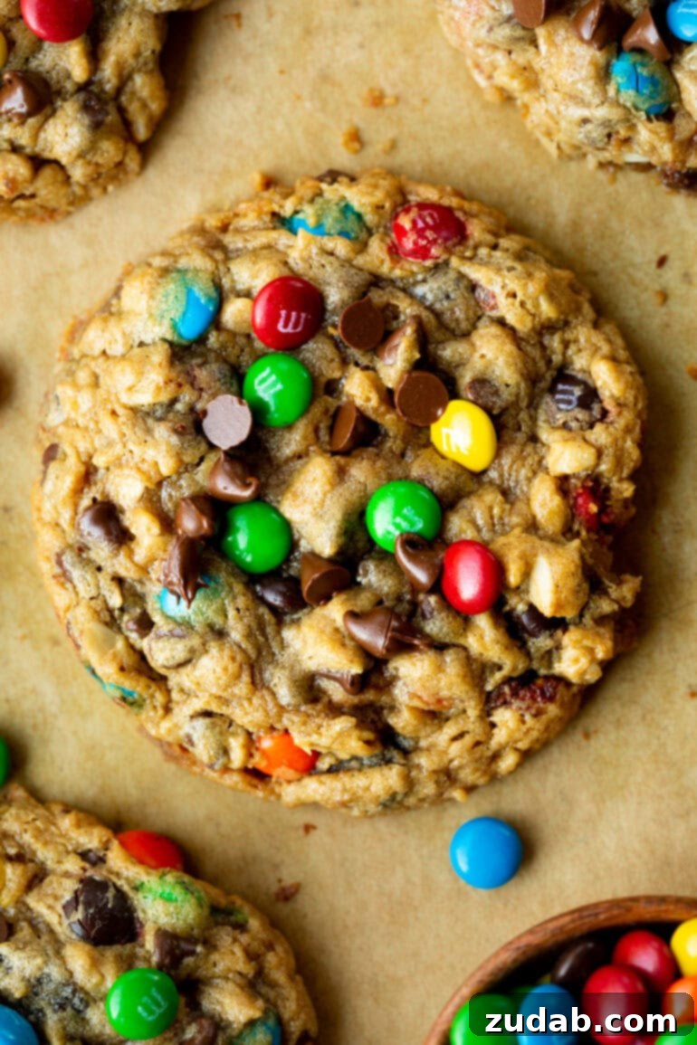 Ultimate Gluten-Free Monster Cookies 9 A close-up photo of a baked large flourless monster cookie, showcasing its rustic edges and loaded interior.