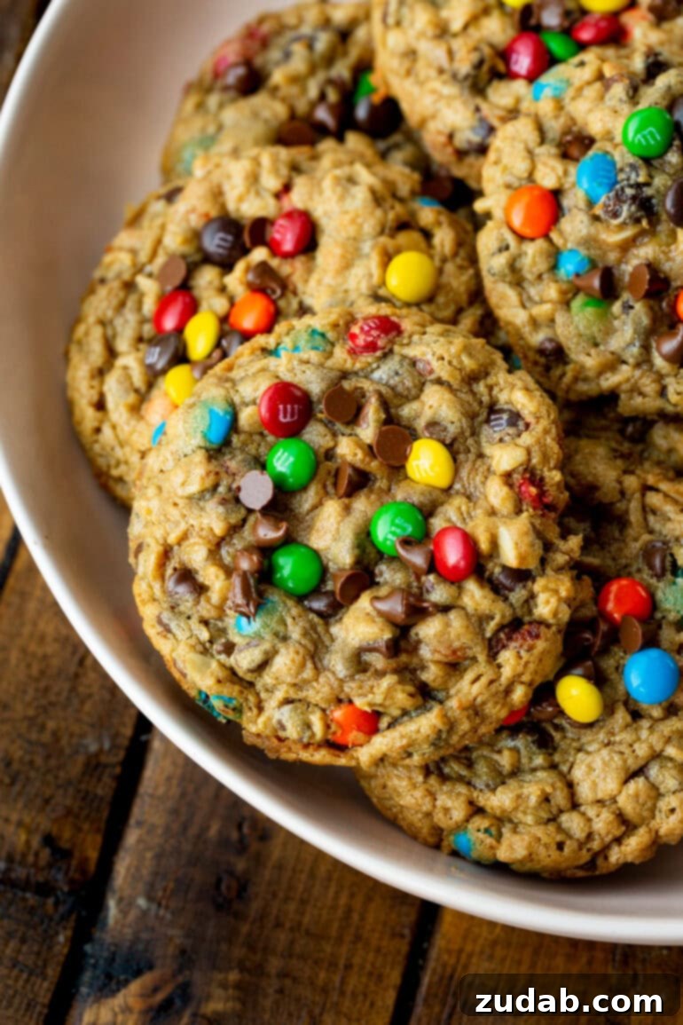 Ultimate Gluten-Free Monster Cookies 10 A photo of a bowl filled with freshly baked large gluten-free monster cookies, inviting you to take one.