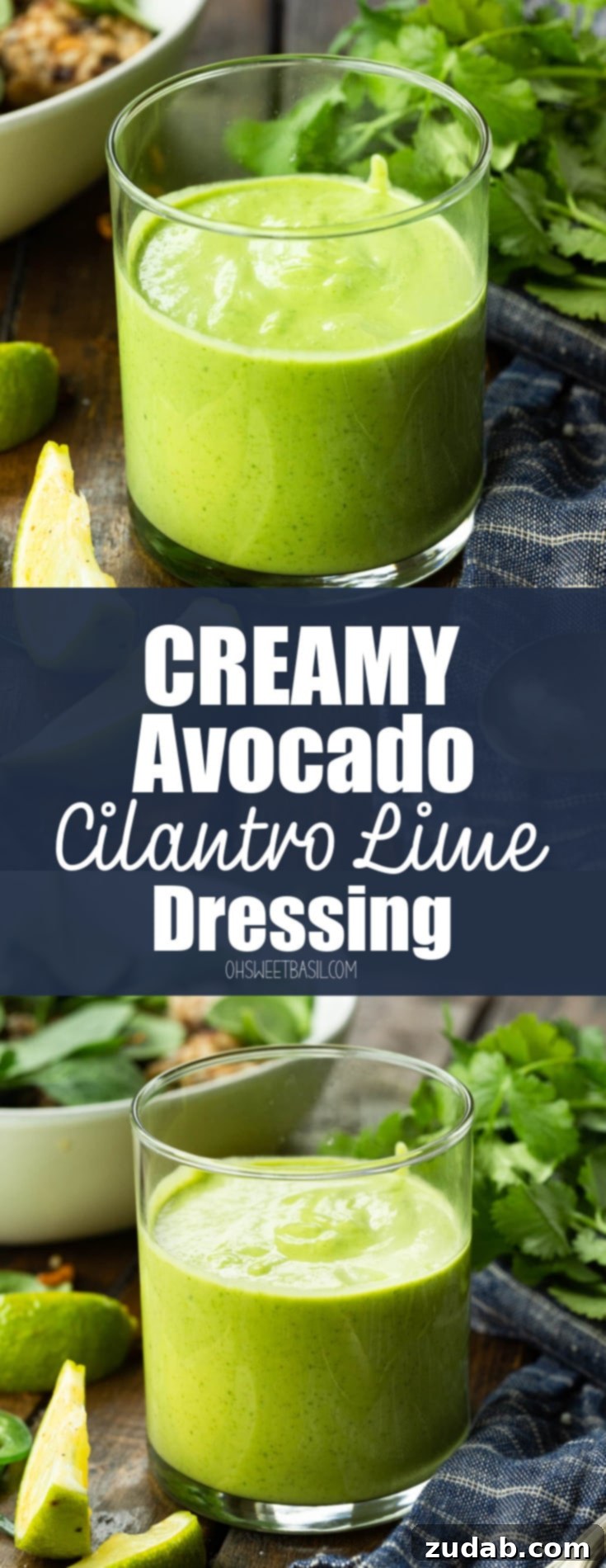 Fresh Creamy Avocado Cilantro Lime Dressing 5 A close-up of the creamy avocado cilantro lime dressing in a clear glass, showing its rich green color, with fresh cilantro and lime slices blurred in the background.
