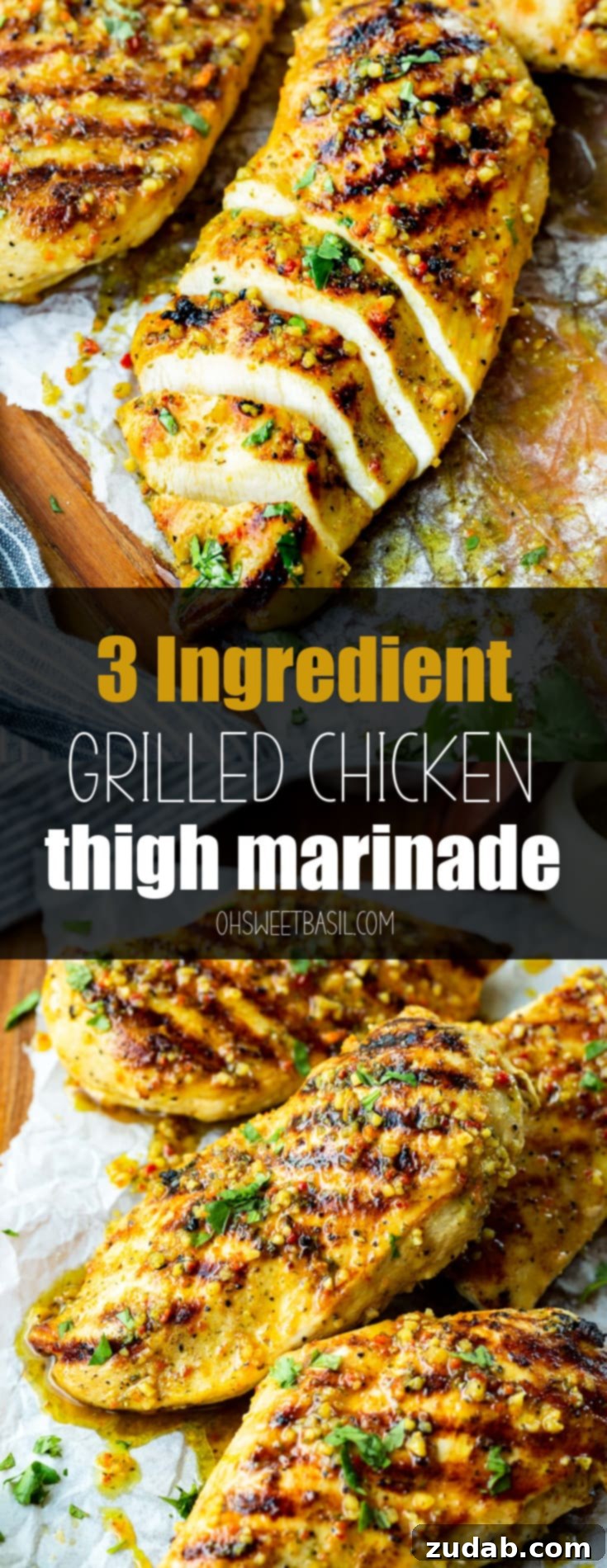 The Perfect Three Ingredient Grilled Chicken Marinade 3 A photo of a golden grilled chicken breast that has been sliced into about half inch slices..