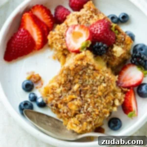 A delicious piece of Creme Brulee Baked Oatmeal ready to be served.