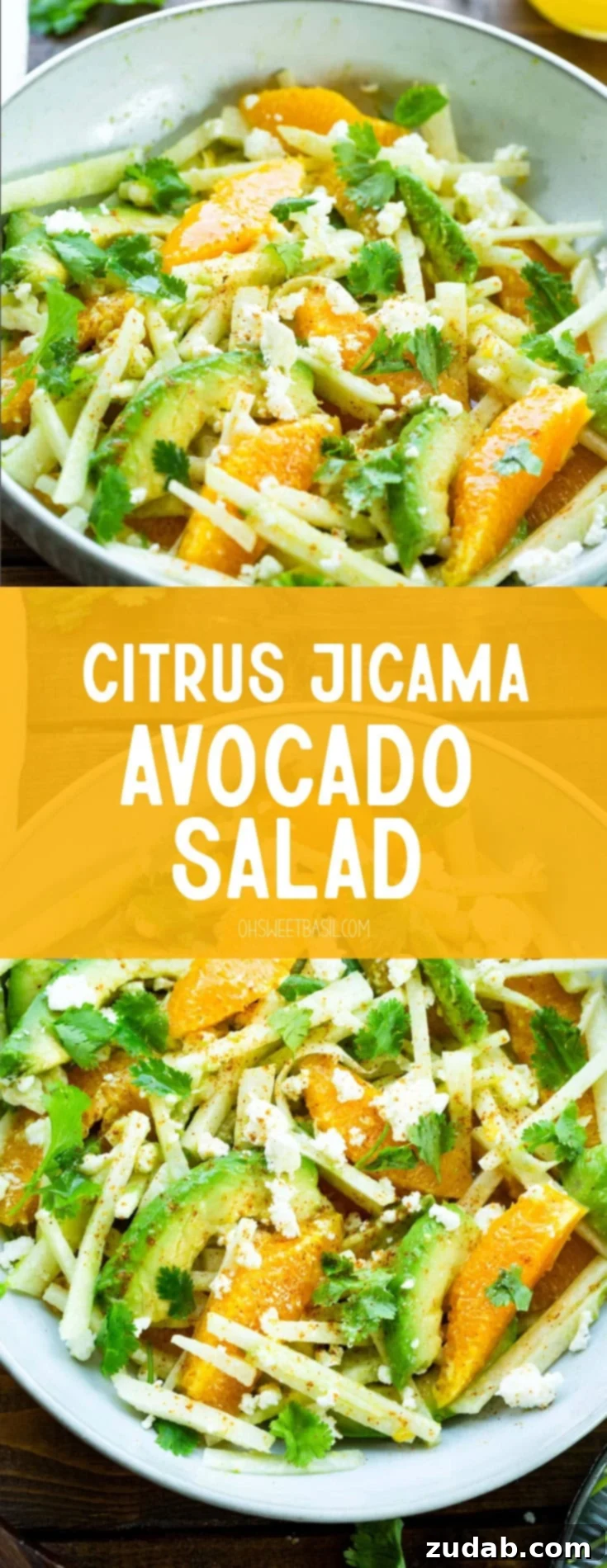Sunshine Jicama Avocado Medley 2 A large white bowl generously filled with a bright and colorful citrus, veggie, and avocado salad, glistening with a vibrant homemade dressing. The fresh ingredients promise a delicious and healthy meal.