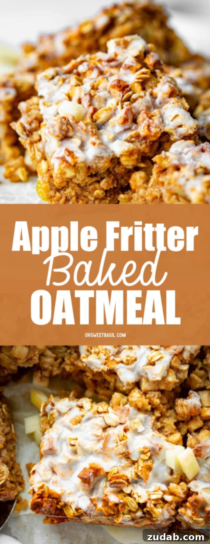 Wholesome Apple Fritter Baked Oats 6 A top-down photo of a single piece of healthy apple fritter baked oatmeal, lavishly coated with a thick white glaze, inviting a delightful breakfast experience.