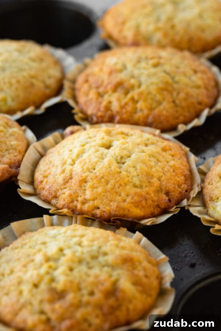 Effortless One-Bowl Banana Muffins 5 A collection of golden-brown baked banana muffins, each nestled in a neutral brown paper liner, arranged invitingly on a cooling rack.