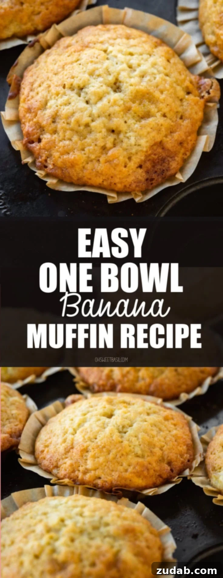 Effortless One-Bowl Banana Muffins 9 A high-angle shot of a baked golden banana muffin, beautifully domed and inviting, presented in a crisp paper muffin wrapper.