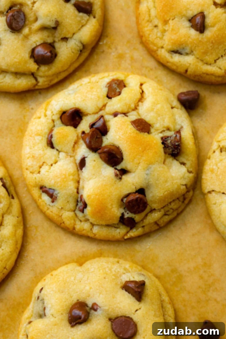 A close-up shot of a freshly baked, golden-brown chocolate chip cookie with molten chocolate, surrounded by more perfect cookies on parchment paper, highlighting their soft texture.