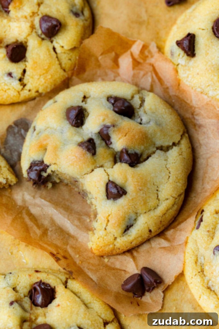 An overhead shot of a golden-baked chocolate chip cookie with a bite taken out, revealing its soft interior and abundant chocolate chips.