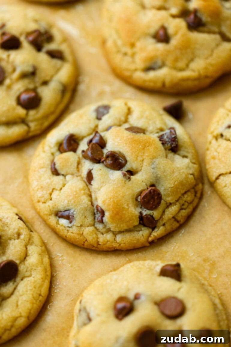 A high-angle shot of a tray filled with perfectly golden-baked secret ingredient chocolate chip cookies, ready to be enjoyed, on brown parchment paper.