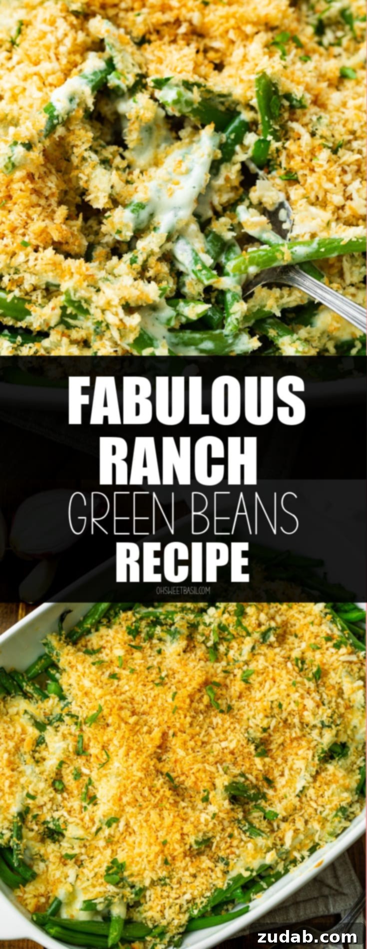 Ultimate Ranch Green Beans 9 a close up photo of green beans mixed with a creamy ranch sauce all topped with a golden crunchy panko topping.