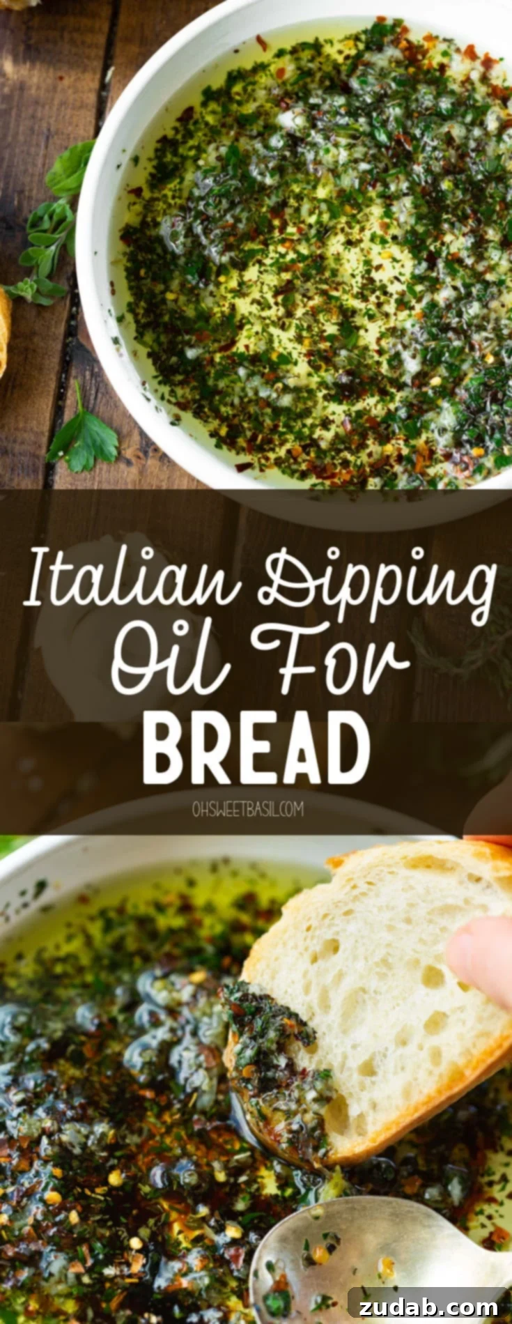 Sizzling Italian Dipping Oil for Crusty Bread 8 a photo of a slice of french bread being dipped into a shallow bowl full of Italian dipping oil.