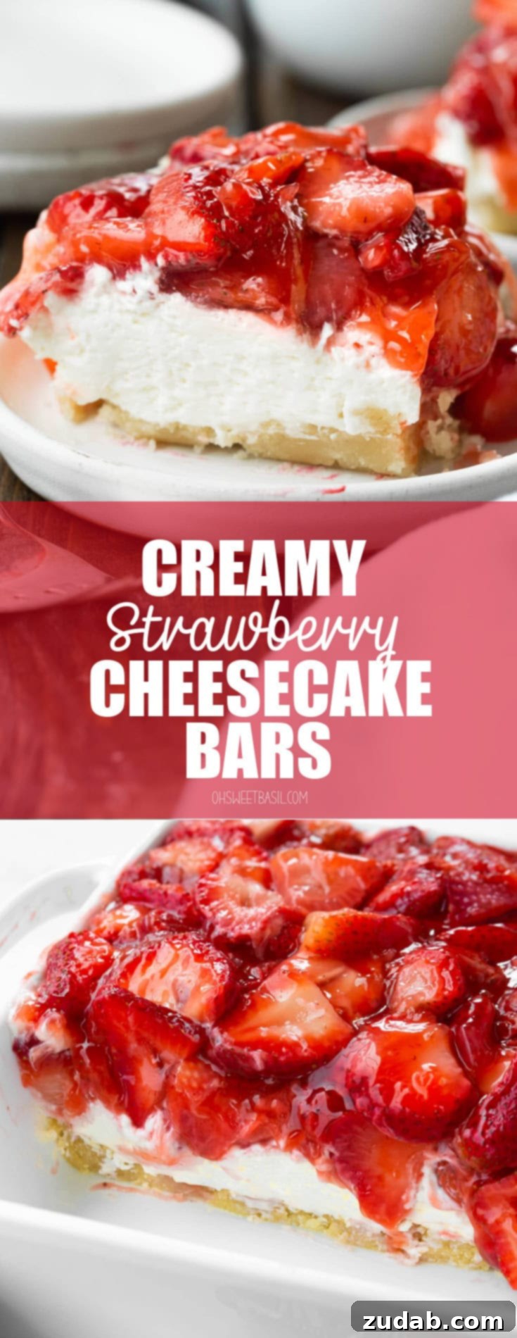 Luscious Strawberry Cheesecake Squares 8 A final, enticing photograph of a single creamy strawberry cheesecake bar, highlighting its perfect flaky crust, luscious cream cheese layer, and the vibrant, glistening strawberry topping. This is the ultimate spring dessert recipe!