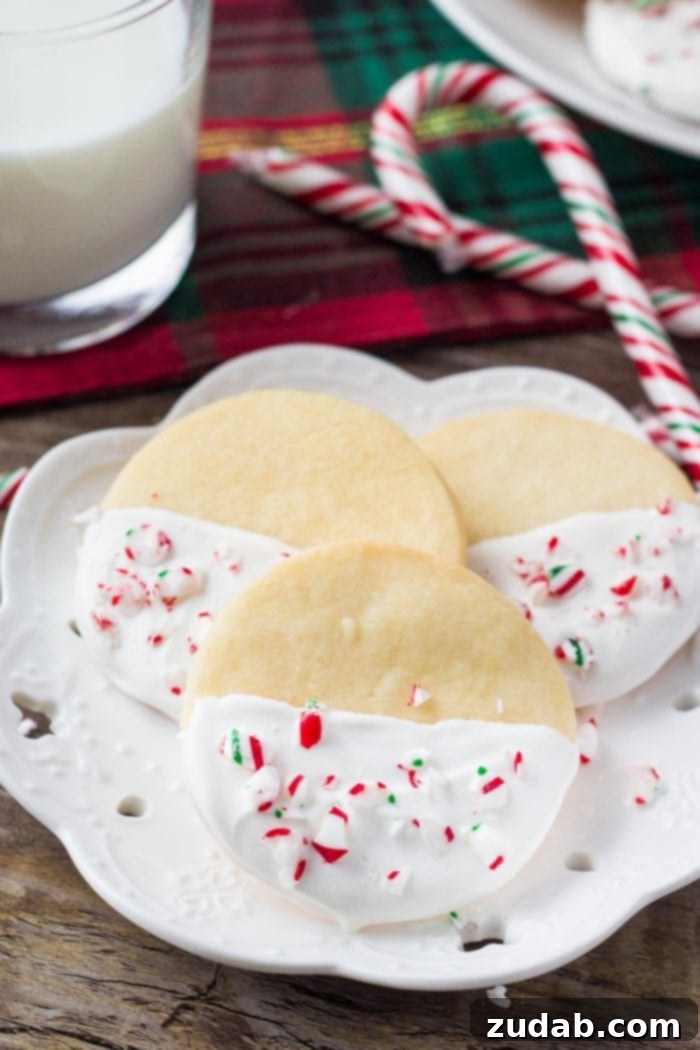 Festive Cookie Collection 11 Buttery, melt-in-your-mouth shortbread cookies infused with peppermint, then dipped in chocolate and generously sprinkled with crushed candy canes. These white chocolate peppermint shortbread cookies are absolutely perfect for Christmas!