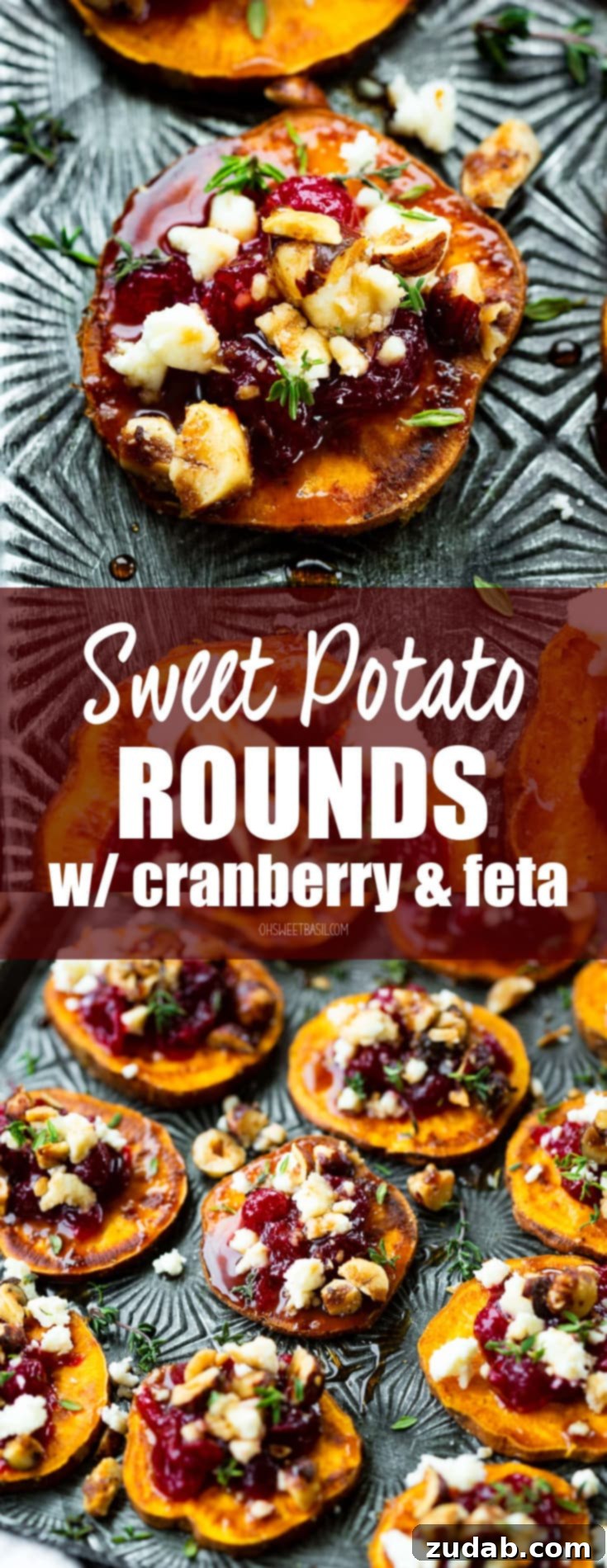 Cranberry Feta Hazelnut Sweet Potato Rounds 2 A visually appealing photograph of a roasted orange sweet potato round, expertly adorned with vibrant cranberry sauce, creamy feta cheese, and crunchy hazelnuts, showcasing a delightful blend of textures and colors.