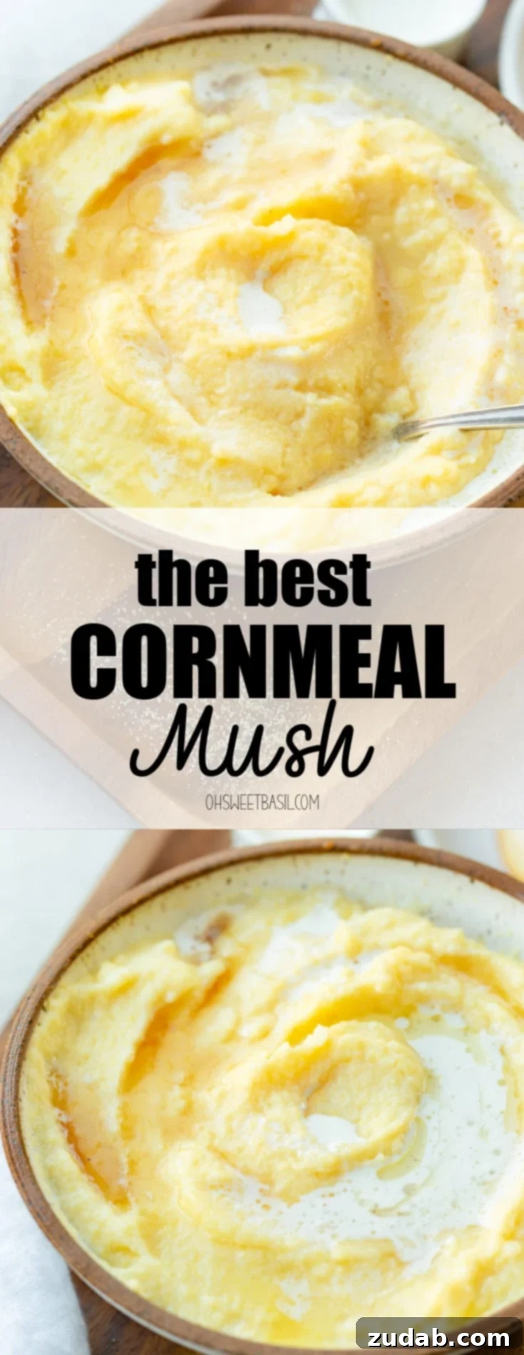 Creamy Cornmeal Porridge 3 a photo of a large bowl full of cornmeal mush that has been swirled with cream. there is a spoon in the bowl.