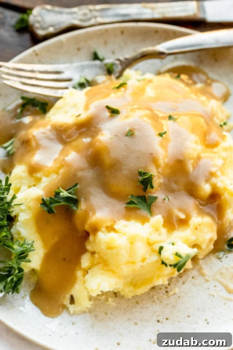 A delectable serving of creamy mashed potatoes adorned with rich brown turkey gravy and a sprinkle of fresh green herbs, epitomizing comfort and holiday indulgence.