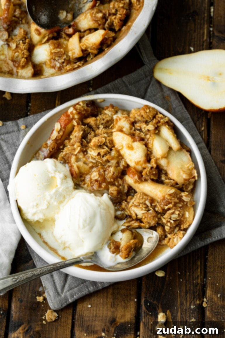 Heavenly Pear Crisp 4 A close-up view of a bowl of pear crisp featuring tender, juicy pear slices beneath a perfectly golden, crunchy oat topping, served with two scoops of vanilla ice cream.