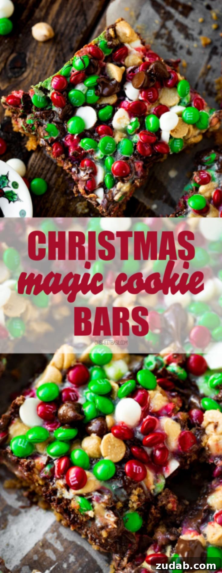 Enchanted Holiday Layer Bars 3 A photo of a magic cookie bar that has been topped with Christmas M&M's, white chocolate chips, peanut butter chocolate chips, and semi-sweet chocolate chips.