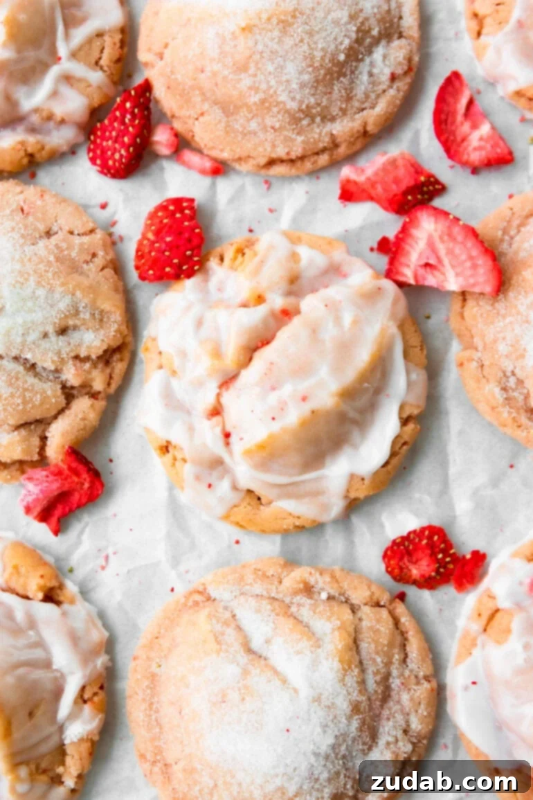 Strawberry Sunshine Cookies 2 A photo of several baked strawberry cookies lined up on white parchment paper. Some are topped with a white glaze, while others have been rolled in sugar.