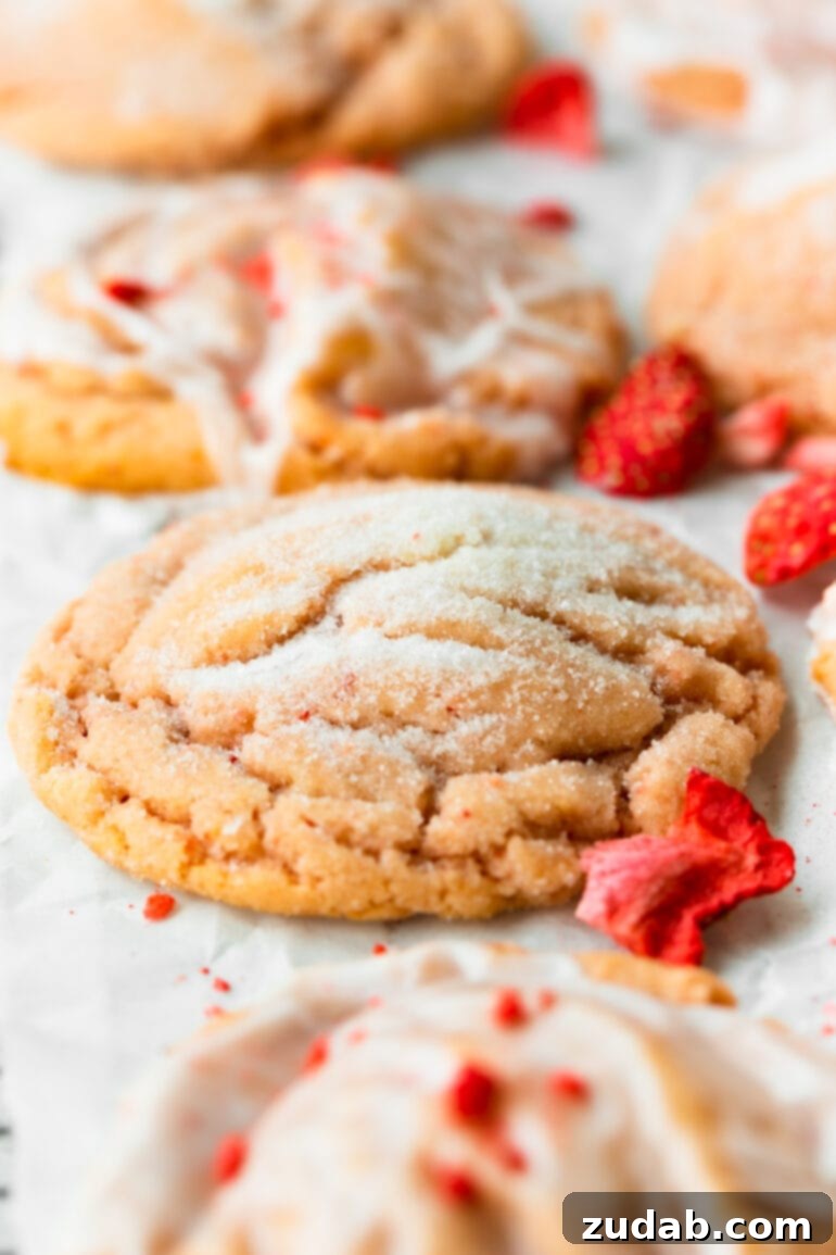 Strawberry Sunshine Cookies 3 A photo of a baked thick and chewy strawberry cookie that has been rolled in sugar before baking. Little pieces of dehydrated strawberries are scattered around the cookie.