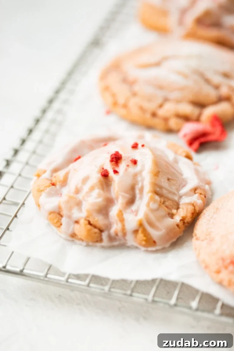 Strawberry Sunshine Cookies 5 A photo of a thick and chewy strawberry cookie topped with a light white glaze and sprinkled with dehydrated strawberry powder.