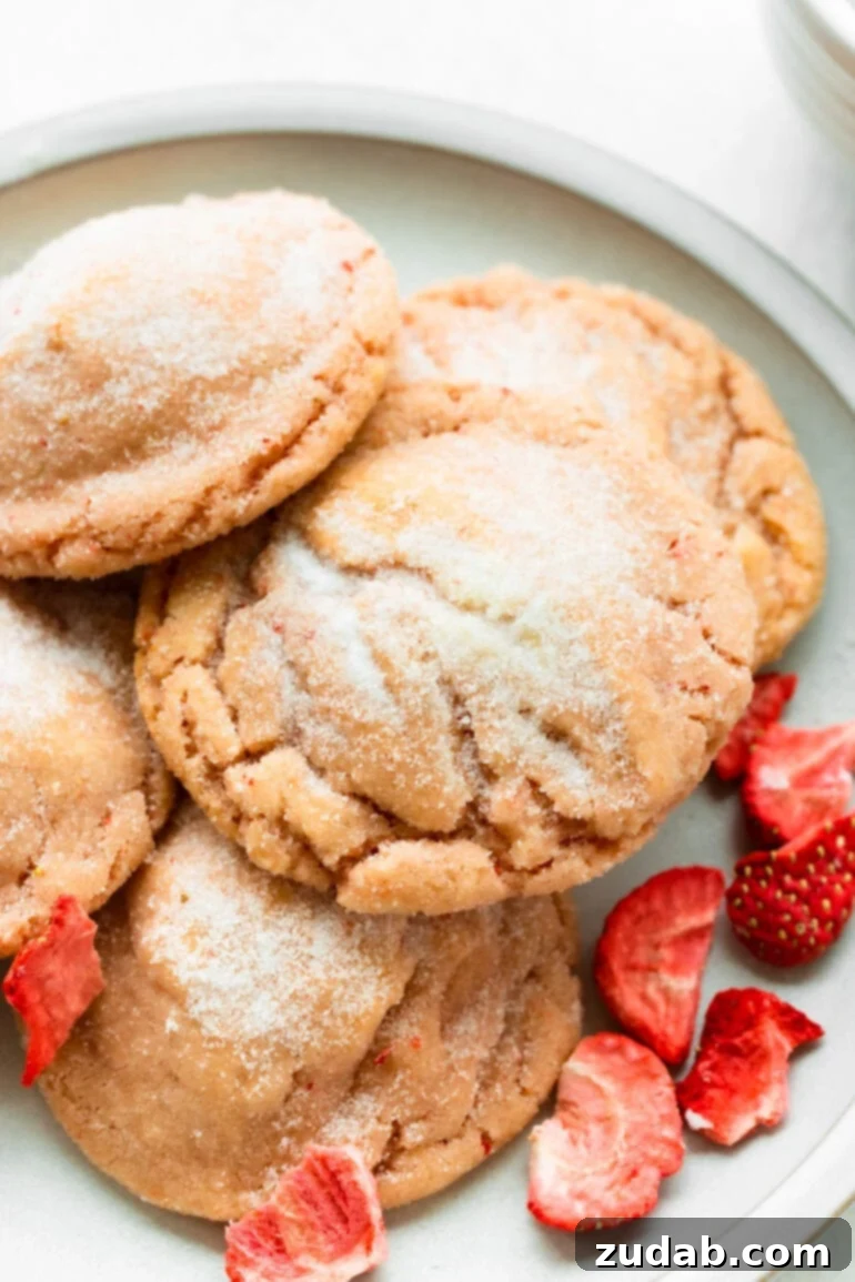 Strawberry Sunshine Cookies 6 A photo of several thick and chewy strawberry cookies coated in sugar stacked on a white plate with dehydrated strawberries sprinkled around them.
