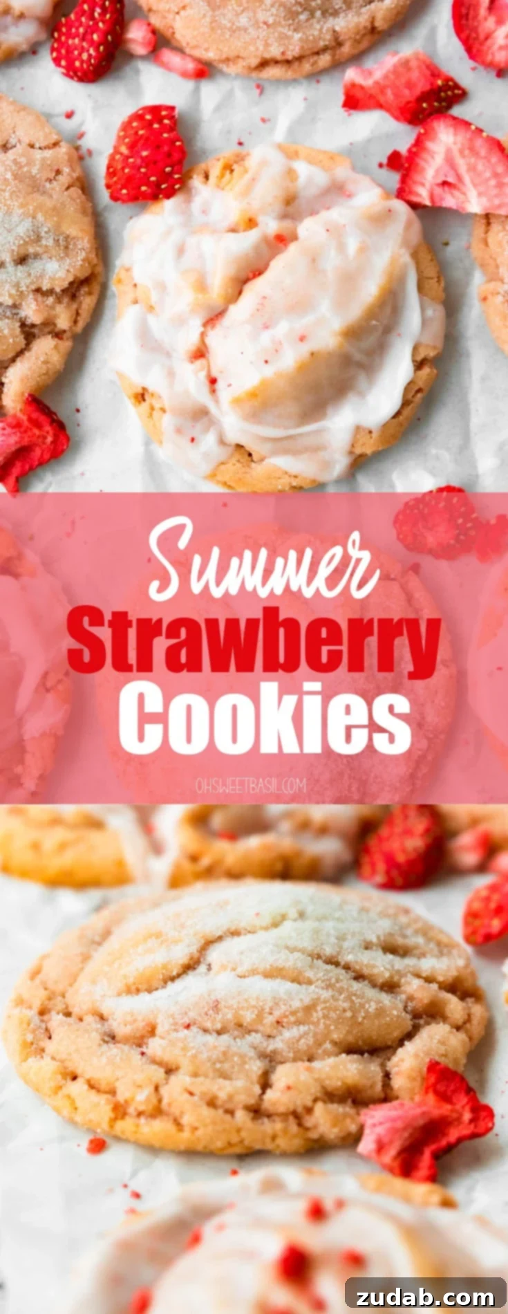 Strawberry Sunshine Cookies 9 A large batch of freshly baked strawberry cookies, some glazed and some sugar-rolled, presented beautifully to highlight their delicious appeal.