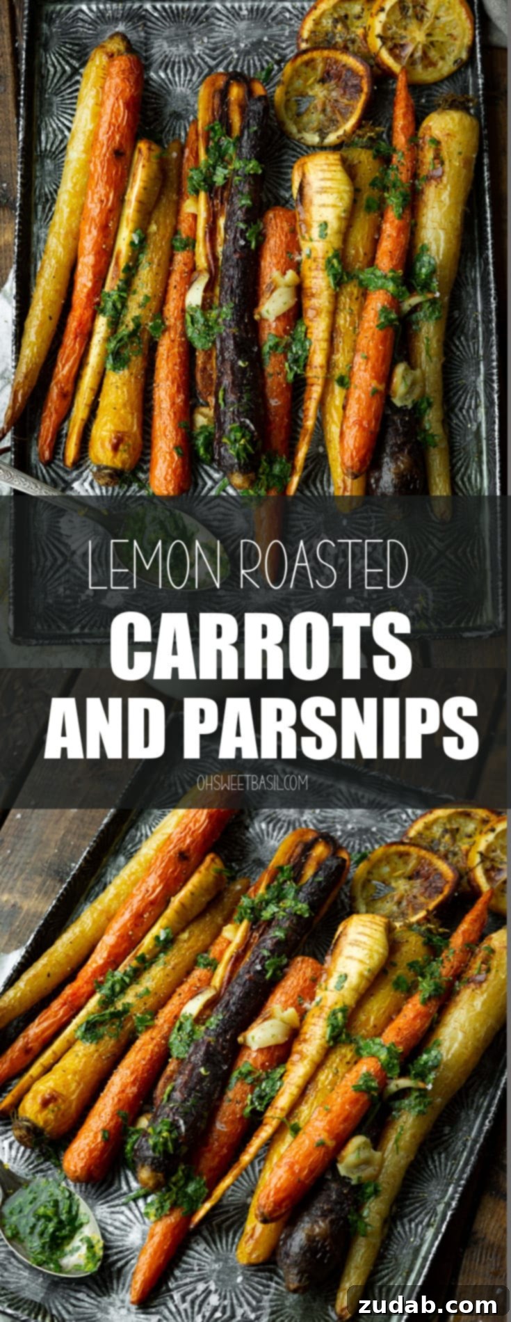 A full sheet pan of roasted carrots and parsnips, garnished with fresh parsley, highlighting the beautiful caramelization and a ready-to-serve presentation.