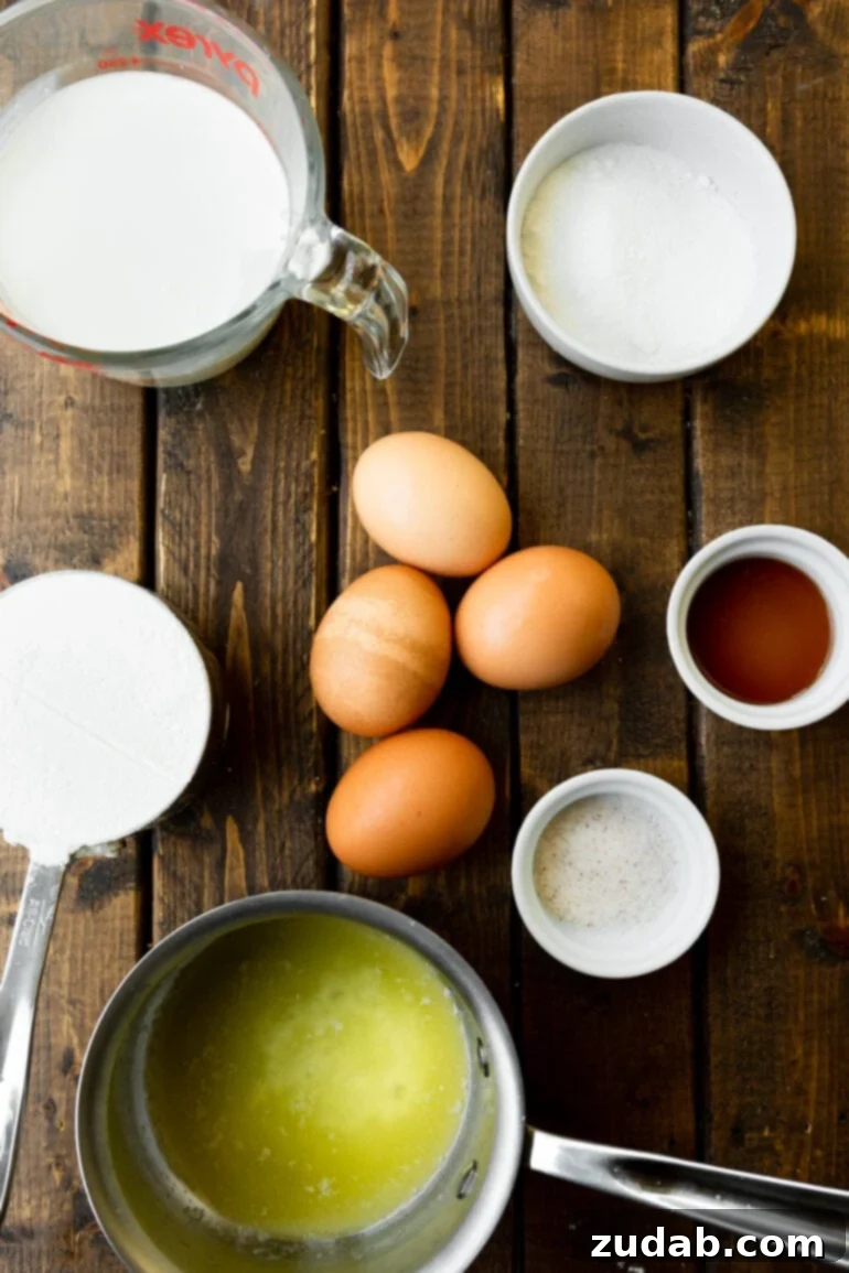 A clear photo displaying all the fresh ingredients required to make delicious Finnish pancakes, including four eggs, a bowl of salt, a measuring cup of flour, a spoonful of sugar, a bottle of vanilla extract, and a glass of milk.
