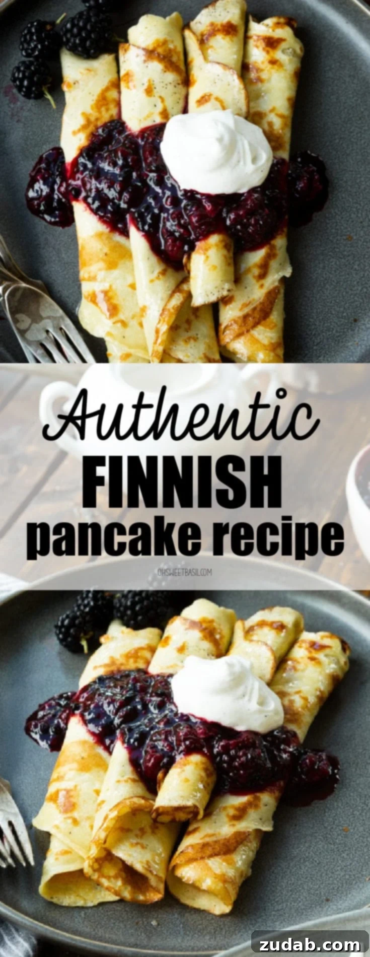 A tempting photo showcasing several rolled Finnish pancakes, artfully arranged on a dark gray plate and lavishly topped with rich blueberry syrup and a generous dollop of whipped cream, highlighting their irresistible appeal.