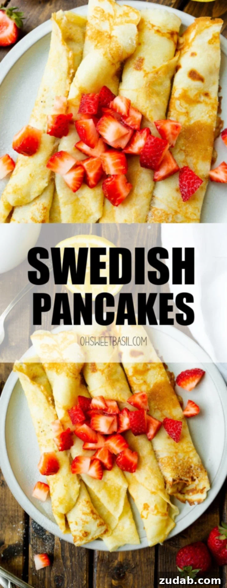Classic Swedish Pancakes 9 A stunning photograph of four perfectly rolled Swedish pancakes, presented beautifully on a white plate and garnished with an abundance of vibrant diced strawberries, making for an inviting and delicious breakfast visual.