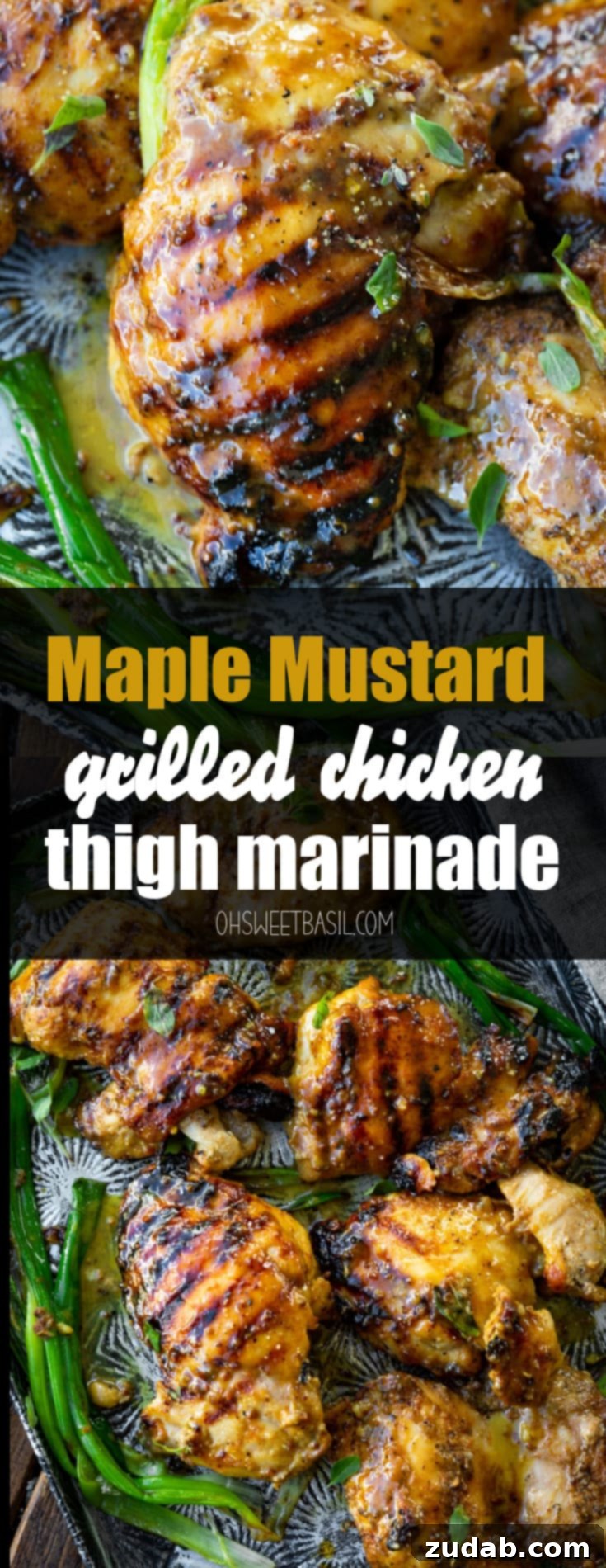 Maple Mustard Glazed Grilled Chicken Thighs 7 A high-angle photo of a baking sheet filled with a generous serving of grilled chicken thighs, all richly glazed with the delicious maple mustard marinade, inviting you to take a bite.