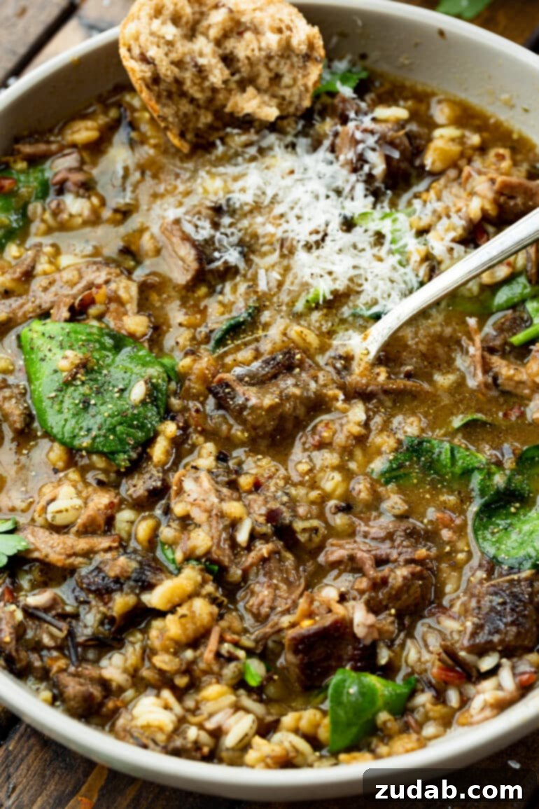 A close-up view of beef and barley soup, rich with tender beef chunks, plump barley, wild rice, fresh spinach, and savory mushrooms – perfect for a cozy fall day.