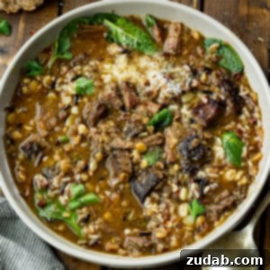 A beautifully presented bowl of homemade beef barley soup.