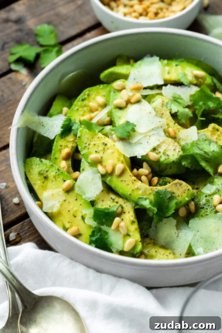 Quick Avocado Delight 2 A bowl of avocado salad mixed with toasted pine nuts and chunks of Manchego cheese, topped with fresh cilantro, ready to be served.