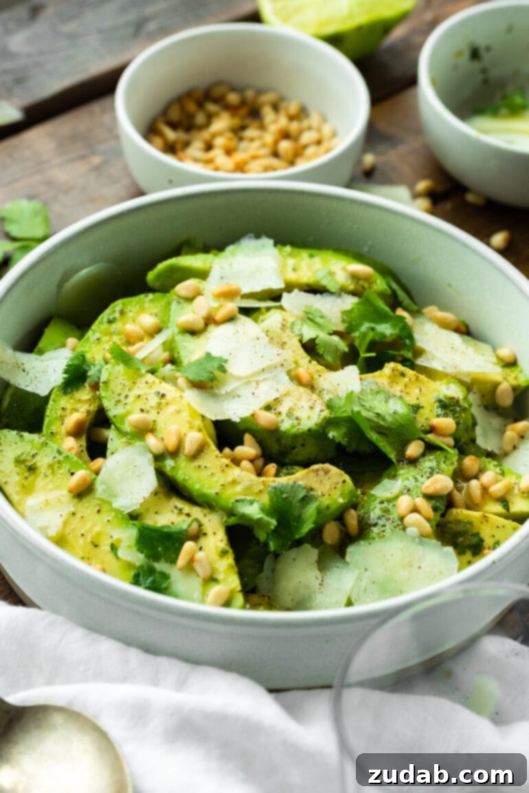 Quick Avocado Delight 4 A close-up photo of a white serving bowl filled with bright green avocado salad, artfully topped with golden toasted pine nuts, shaved Manchego cheese, and fresh cilantro, highlighting the vibrant colors and appealing textures.