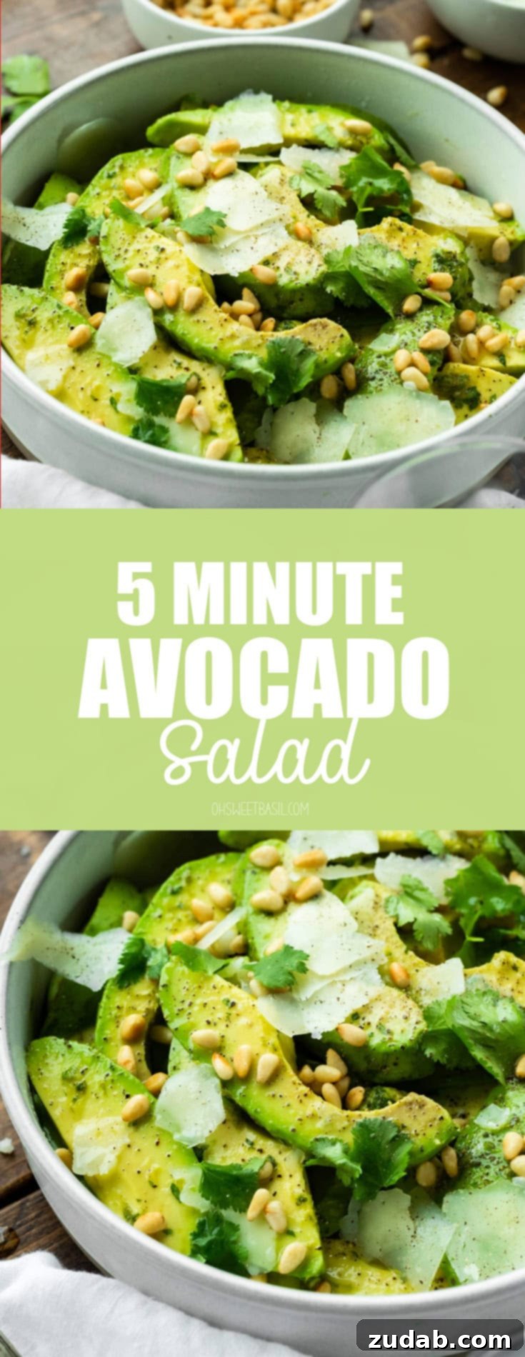 Quick Avocado Delight 7 A full, vibrant photo of an avocado salad, beautifully presented and glistening with a shiny vinaigrette, featuring a delightful mix of toasted pine nuts and savory Manchego cheese, inviting a fresh and healthy dining experience.