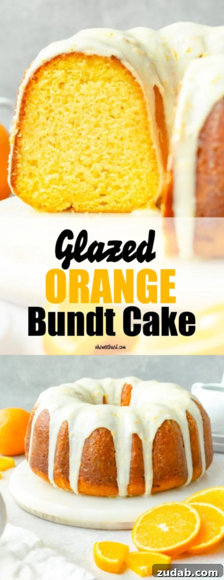 a photo of a slice of glazed orange bundt cake sitting on a white dessert plate with a silver spoon sitting next to it and small orange slices scattered around it.