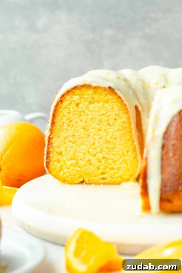 a photo of the cross-section of an orange flavored cake sitting a white serving platter surrounded by fresh citrus.