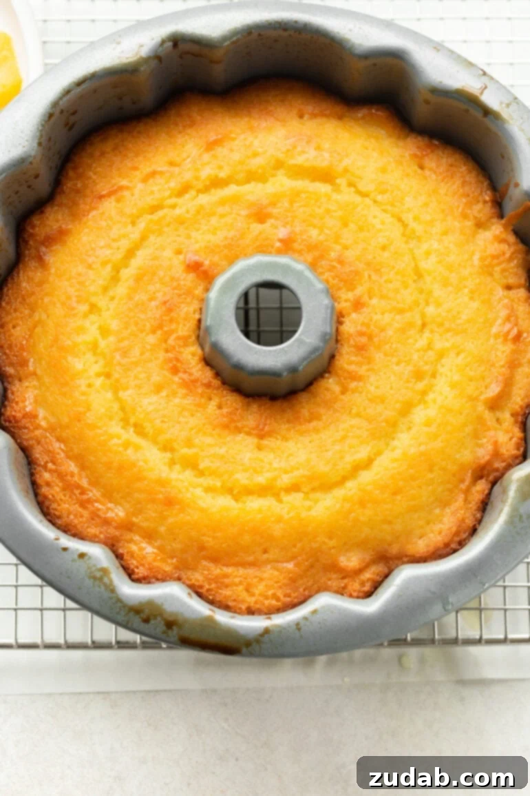 A photo of a freshly baked classic glazed orange bundt cake resting in its pan on a cooling rack, waiting to be topped with a glossy citrus glaze.