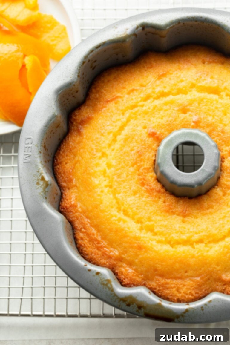 An overhead shot of a classic glazed orange bundt cake, freshly baked and still in its pan, ready to be finished with a luscious citrus glaze.