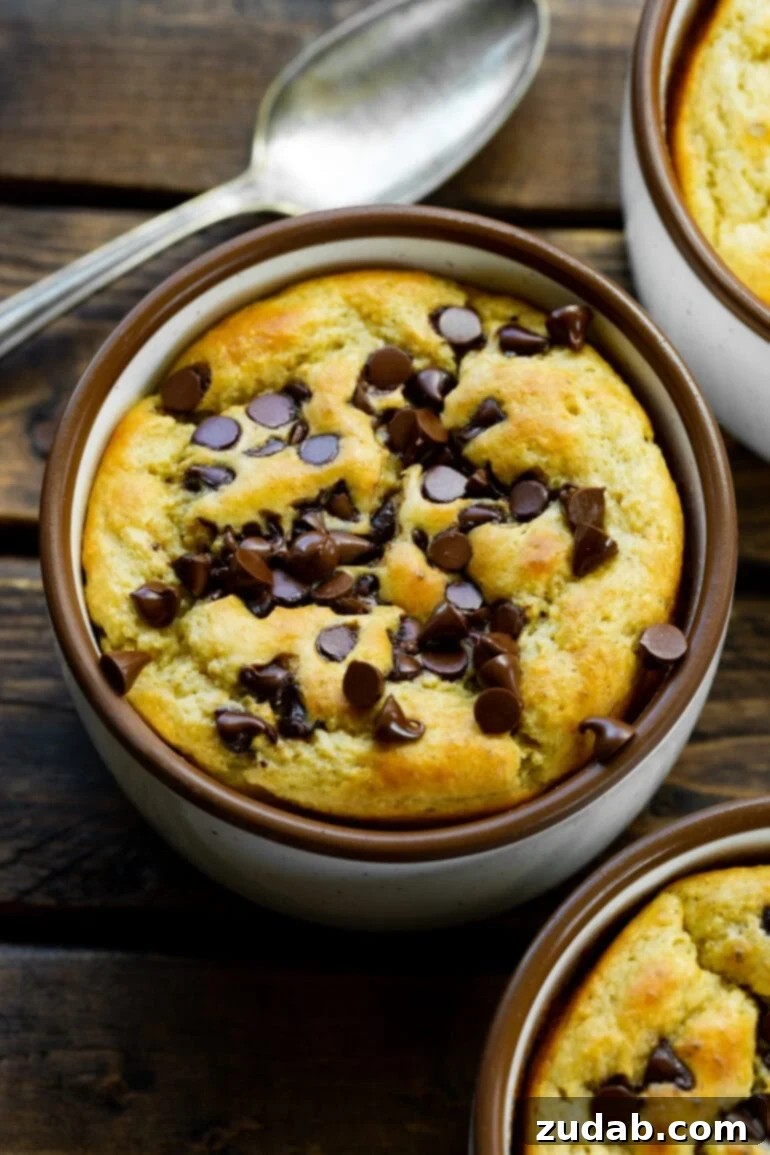 Choc Chip Cookie Protein Mug Bake 2 A top-down view of a mug filled with baked chocolate chip cookie oatmeal, inviting and delicious.