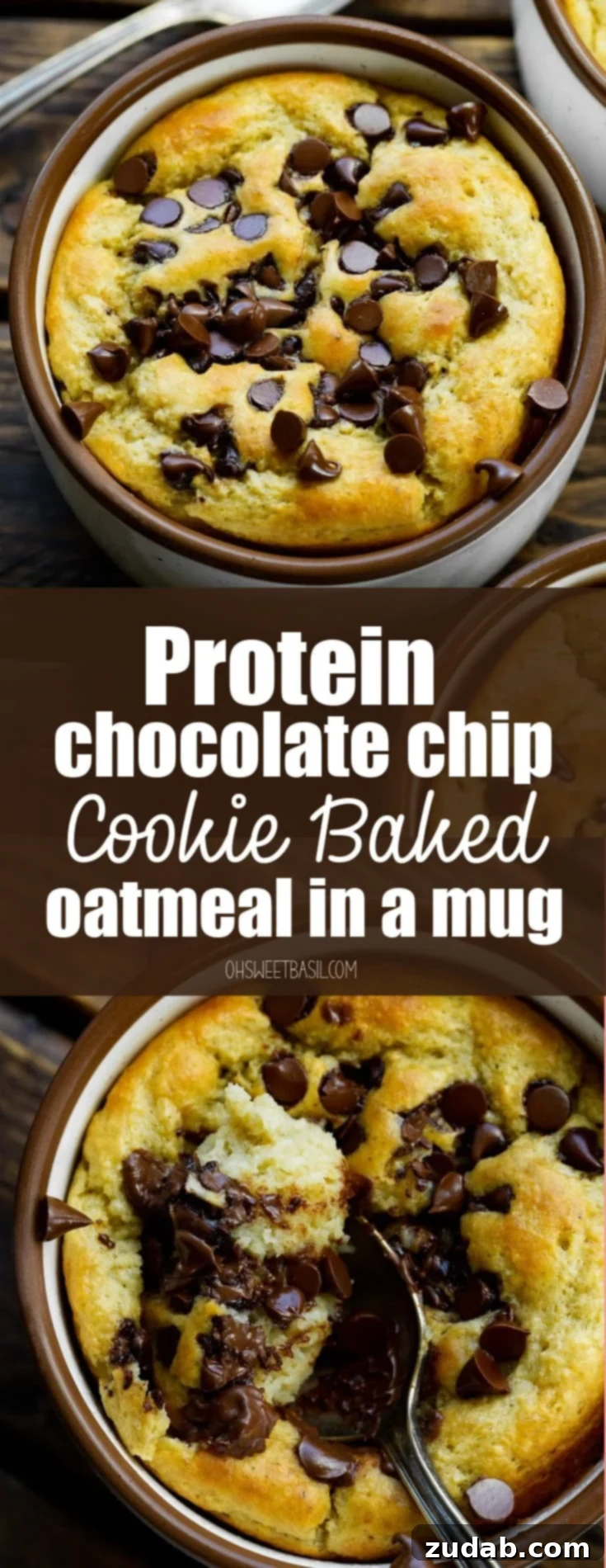 Choc Chip Cookie Protein Mug Bake 8 A heartwarming top-down view of a mug filled with golden baked oatmeal, generously topped with mini chocolate chips, ready to be enjoyed.