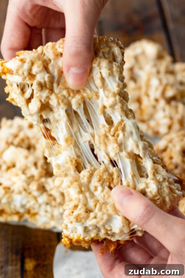 Nutty Brown Butter Caramel Krispie Delights 4 A photo of someone pulling apart a gooey dulce de leche Rice Krispie Treat, with the marshmallow stretching invitingly between the halves.