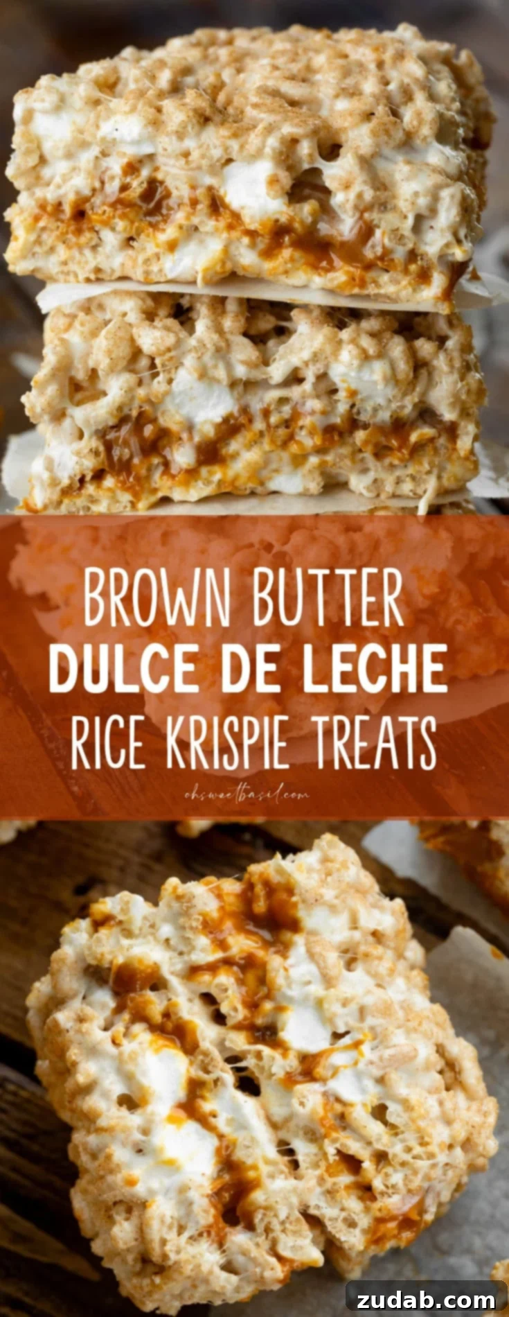 Nutty Brown Butter Caramel Krispie Delights 6 A photo of three dulce de leche stuffed gooey Rice Krispie Treats stacked on top of each other with little pieces of parchment paper between them.