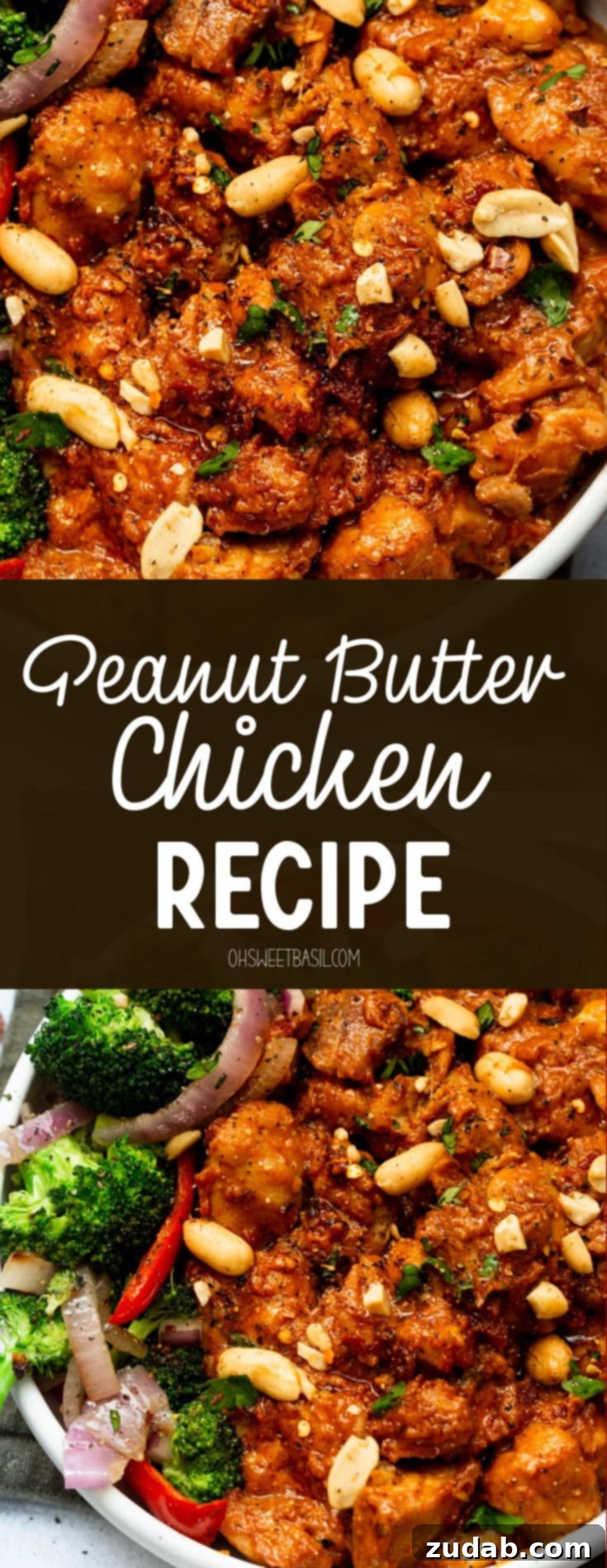 Irresistible Peanut Butter Chicken 10 a photo of a serving of peanut butter chicken topped with cilantro and chopped peanuts with a side of broccoli salad