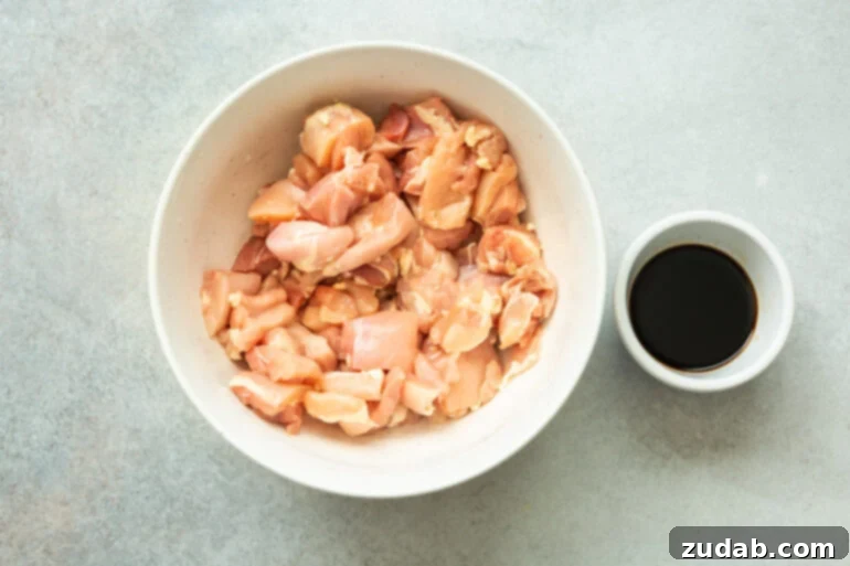 Irresistible Peanut Butter Chicken 4 a photo of a large bowl full of uncooked chicken thigh chunks and small bowl of soy sauce on the side.